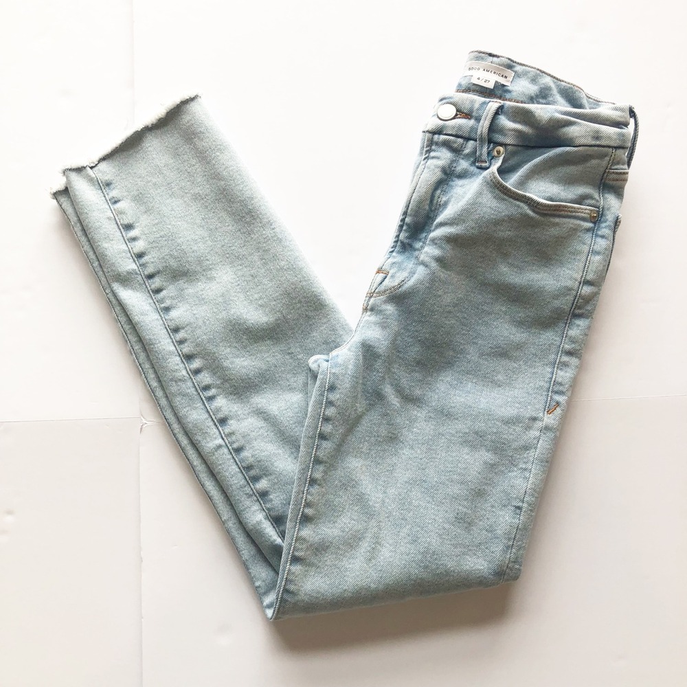 GOOD AMERICAN Jeans Size 4 Blue Good Classic Inset Ankle Slim Indigo454 Raw Hem - Picture 3 of 11